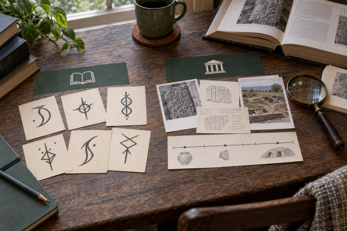 Runes of the Shadowhunters and Other Fictional Runes: How Invented Scripts Differ From the Real Thing Home study desk comparing original fantasy glyph sketches with archaeological notes and reference photographs