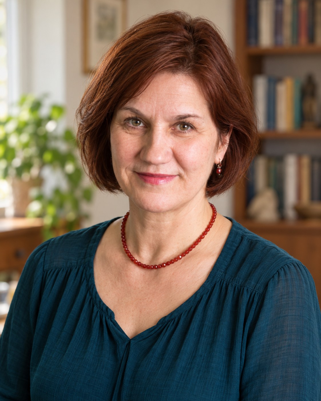 Deanna Tyler wearing a teal blouse in a softly lit home study.